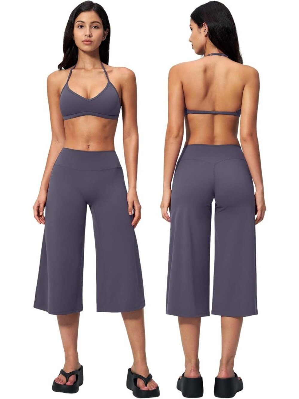 Stylish Women's Two-Piece Workout Set: Halter Sports Bra & Wide Leg Capri Pants